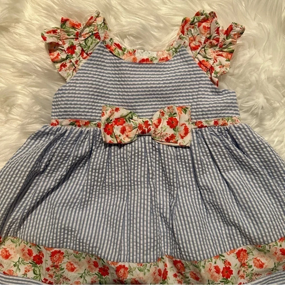 Bonnie Baby‎ Girls 12M Blue Floral Stripe 3-Piece Dress Set